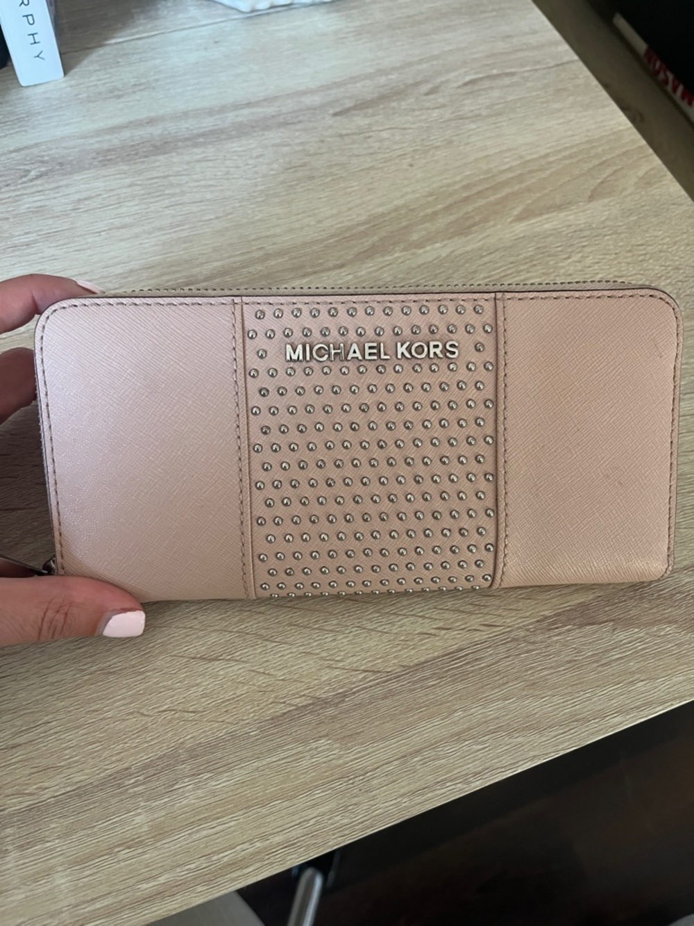Michael Kors Beige Studded Zip Wallet